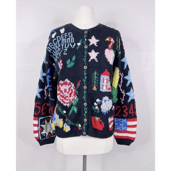 Vintage 90s Eagles Eye Hand Knit Cardigan Sweater Sz. Small School USA Flag Bear - Picture 4 of 6